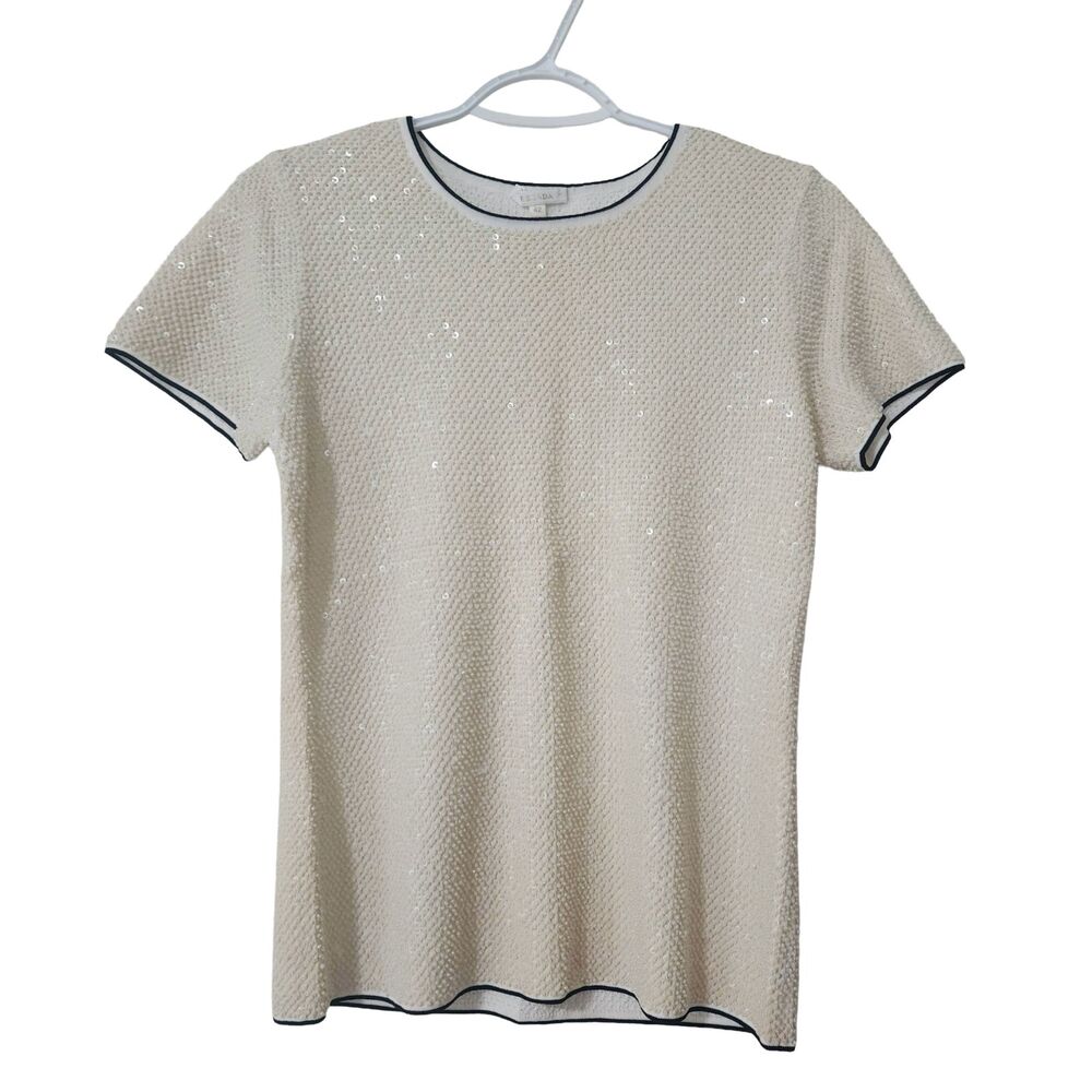 Vintage ESCADA Ivory Beaded Embellished Pullover Top Short Sleeve Women 4/6